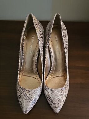 BCBG Snakeskin Pointed-Toe Pumps in Taupe